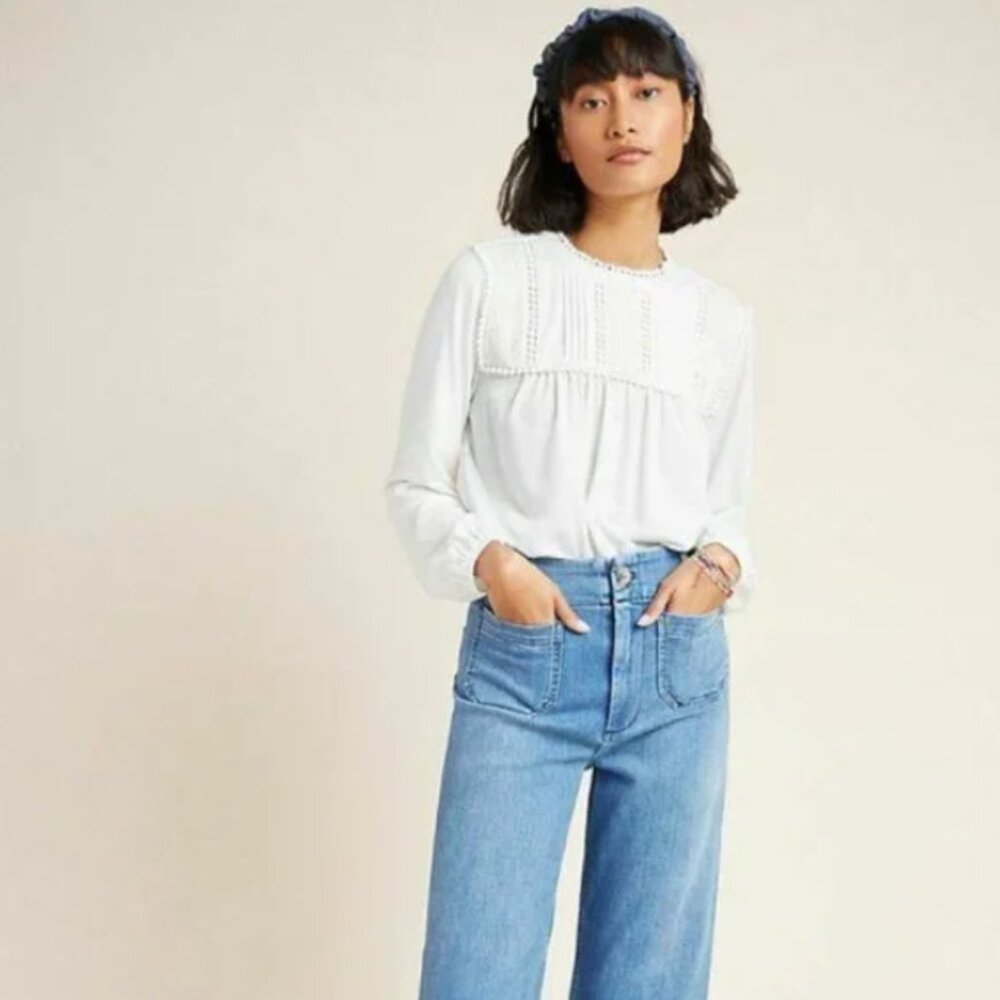 Ella Mara (Anthropologie) - Long Sleeve Peasant Blouse with Embroider (Cream)